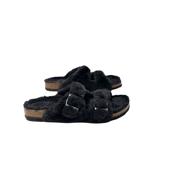 Black Faux Fur Double-Buckle Slide Sandals With Cork Sole - Womens Size 40 EU  9 - Picture 9 of 11